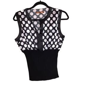 Belldini vintage sleeveless top black/white polka dot fitted black waistband Lrg